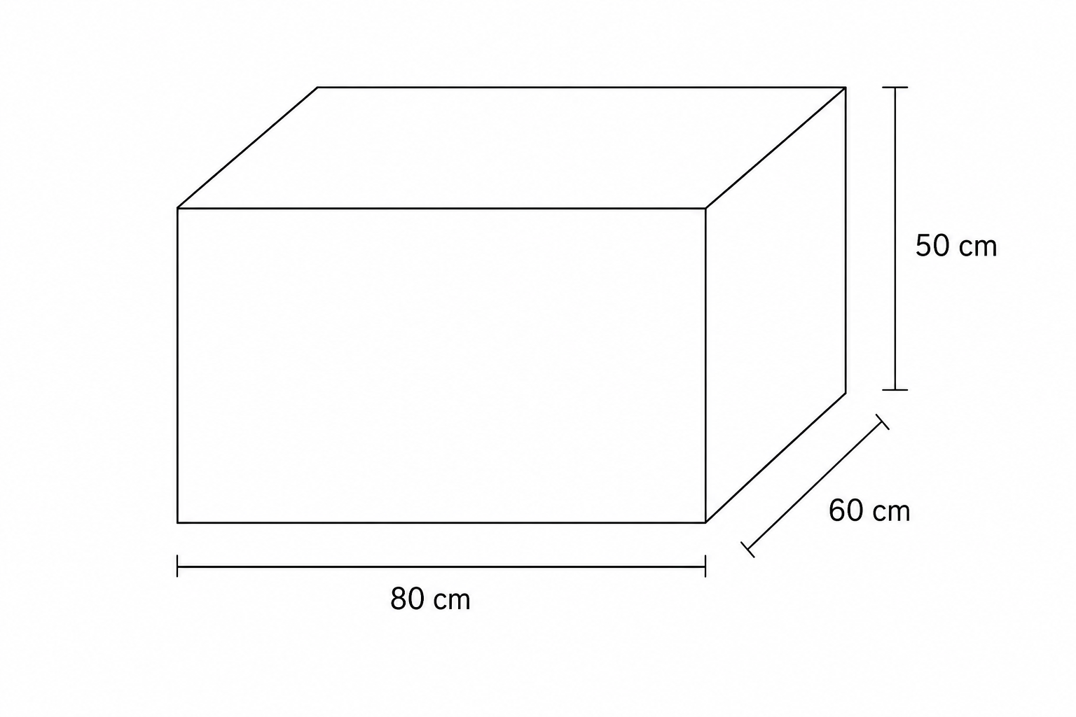 A 3D line drawing of a storage crate. The length is 80 cm, the width is 60 cm, and the height is 50 cm.