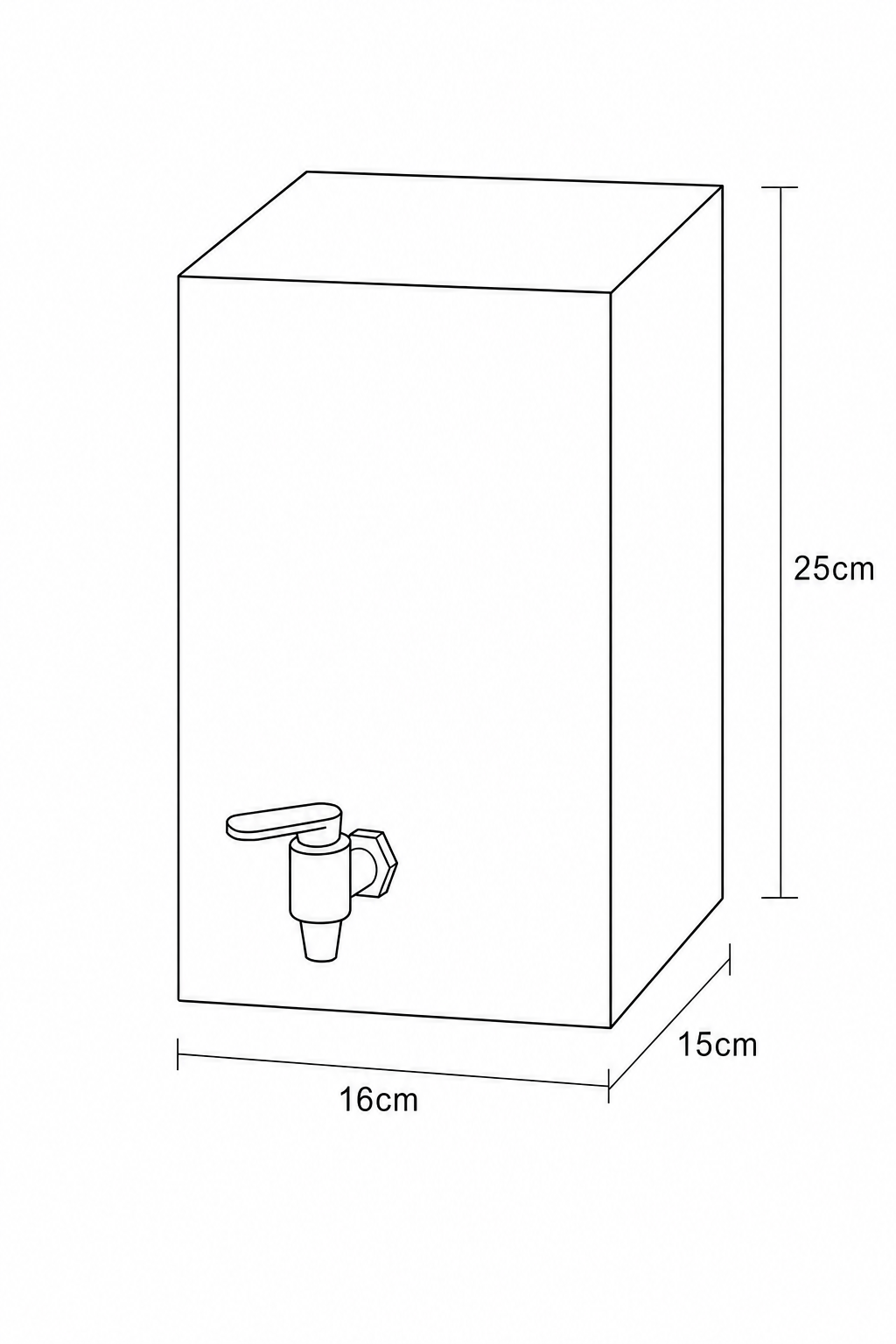 A 3D line drawing of a rectangular prism representing a juice dispenser with dimensions 16cm, 15cm, and 25cm.