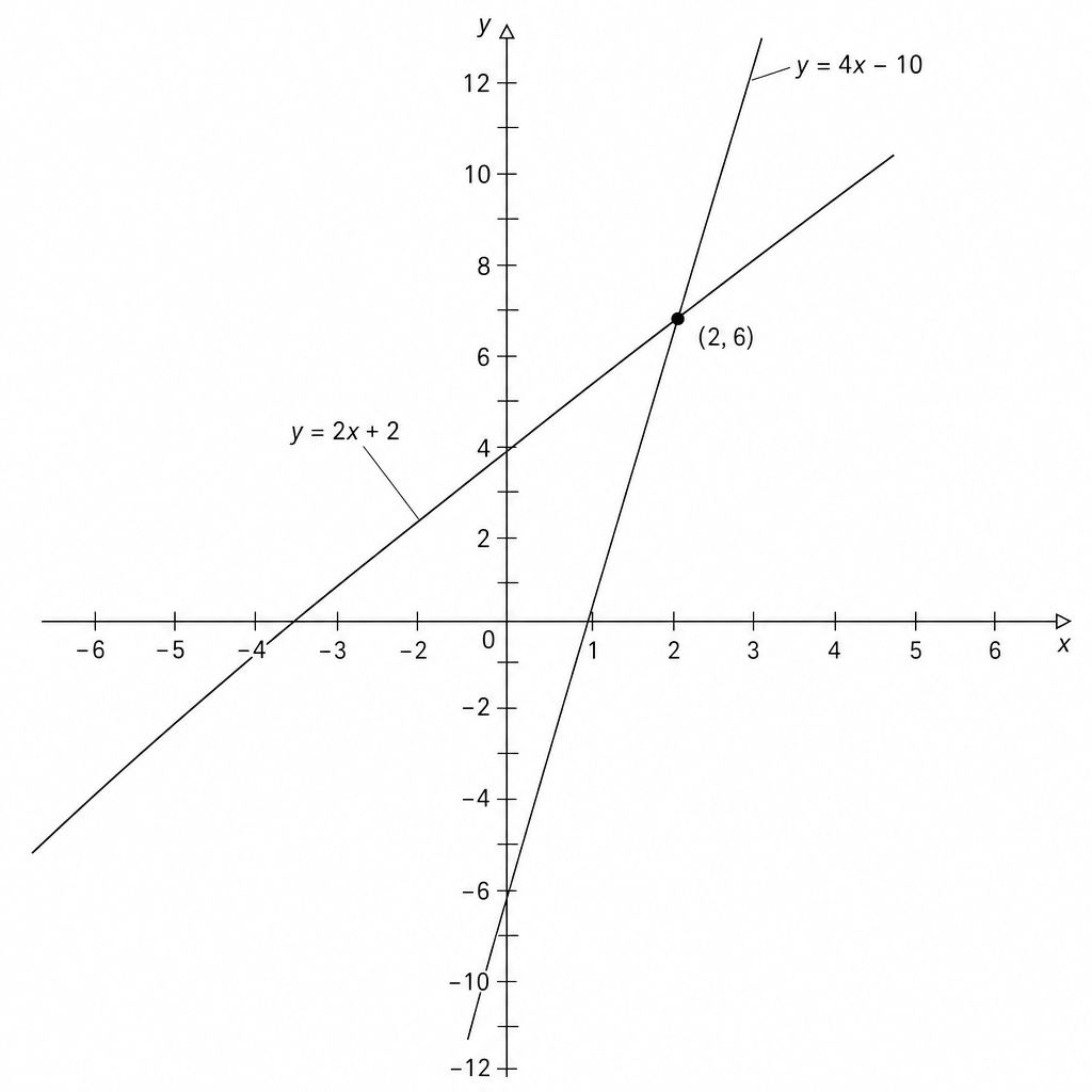 A coordinate grid showing two straight lines. Both lines have positive gradients. The line y=4x-10 is steeper and starts with a lower y-intercept than the line y=2x+2. They cross in the first quadrant.