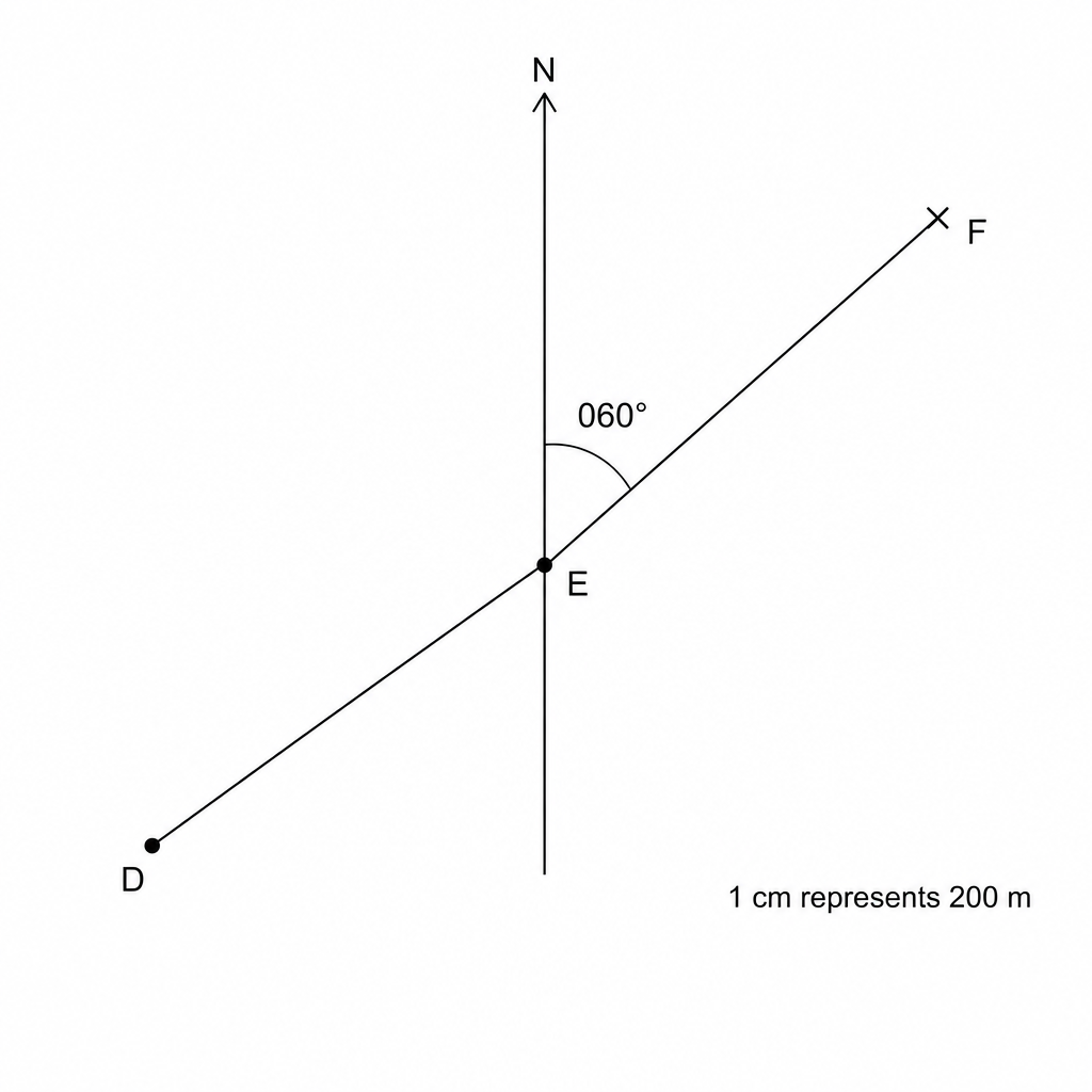 Scale drawing showing points D and E