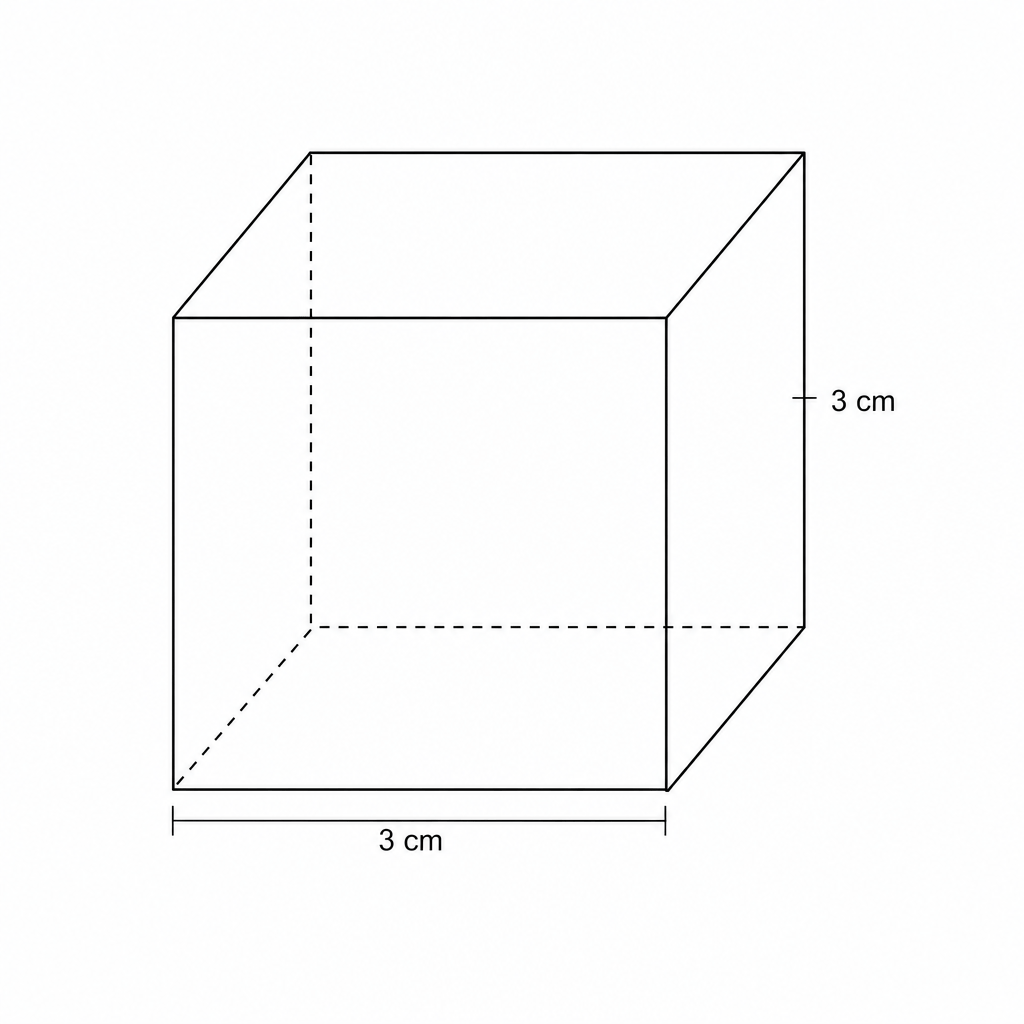 A 3D diagram of a cube with side lengths labeled 3 cm.