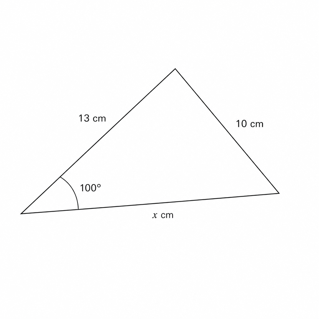 A triangle with two sides of 13 cm and 10 cm, and an included angle of 100 degrees. The third side is labeled x cm.