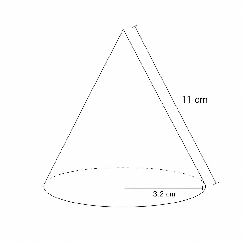 Diagram of a solid cone with slant height 11 cm and base radius 3.2 cm.