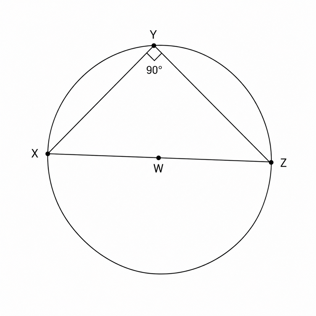 A circle with center W. Points X, Y, and Z are on the circumference. XWZ is a diameter, and XYZ is an inscribed angle.