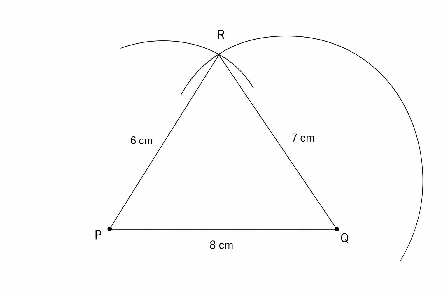 A diagram of triangle PQR. Vertex P is at the bottom left, vertex Q is at the bottom right, and vertex R is at the top. The side PQ is labeled 8 cm, side QR is labeled 7 cm, and side PR is labeled 6 cm.