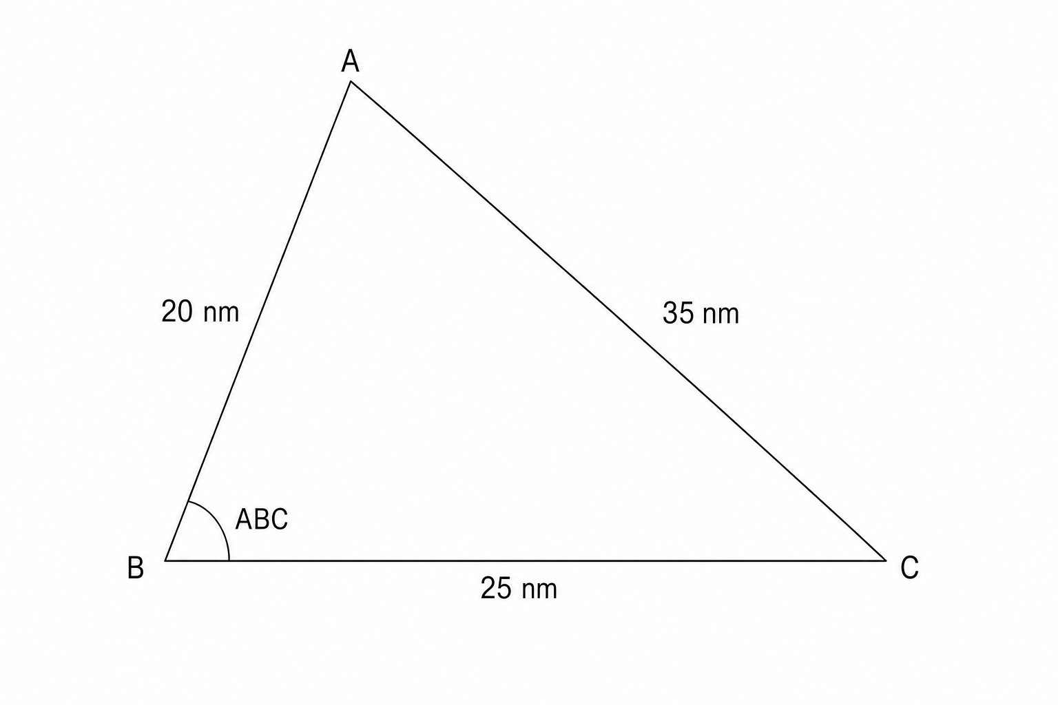 A triangle ABC\, with side lengths AB = 20\text{ nm}, BC = 25\text{ nm}, and AC = 35\text{ nm}. The angle at vertex B\, is labeled ABC.