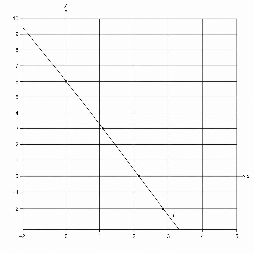 A Cartesian coordinate system showing a straight line L. The x-axis ranges from -2 to 5, and the y-axis ranges from -2 to 10. Line L passes through the points (0, 6), (1, 3), (2, 0), and (3, -3).