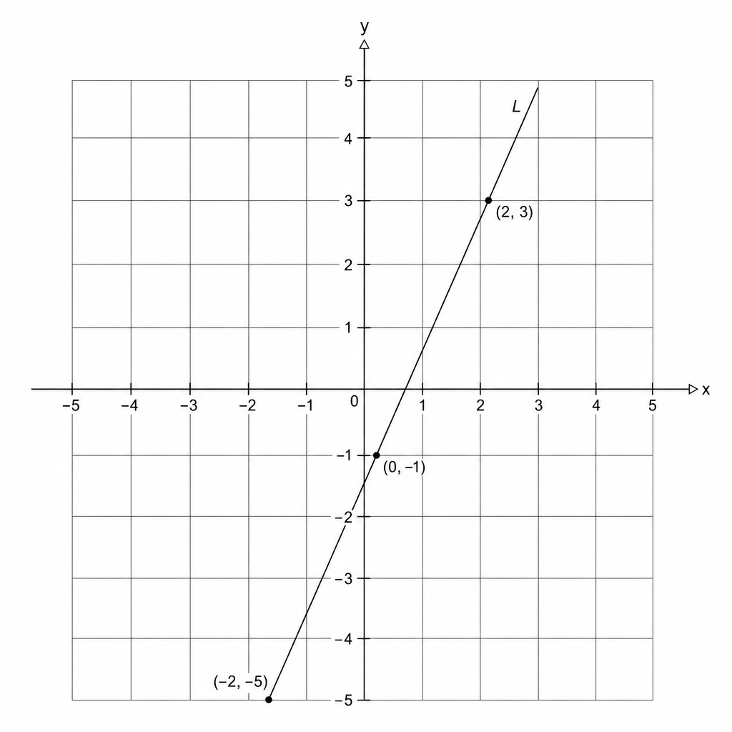 A Cartesian coordinate system with x and y axes ranging from -5 to 5. A line labeled L passes through the points (-2, -5), (0, -1), and (2, 3).