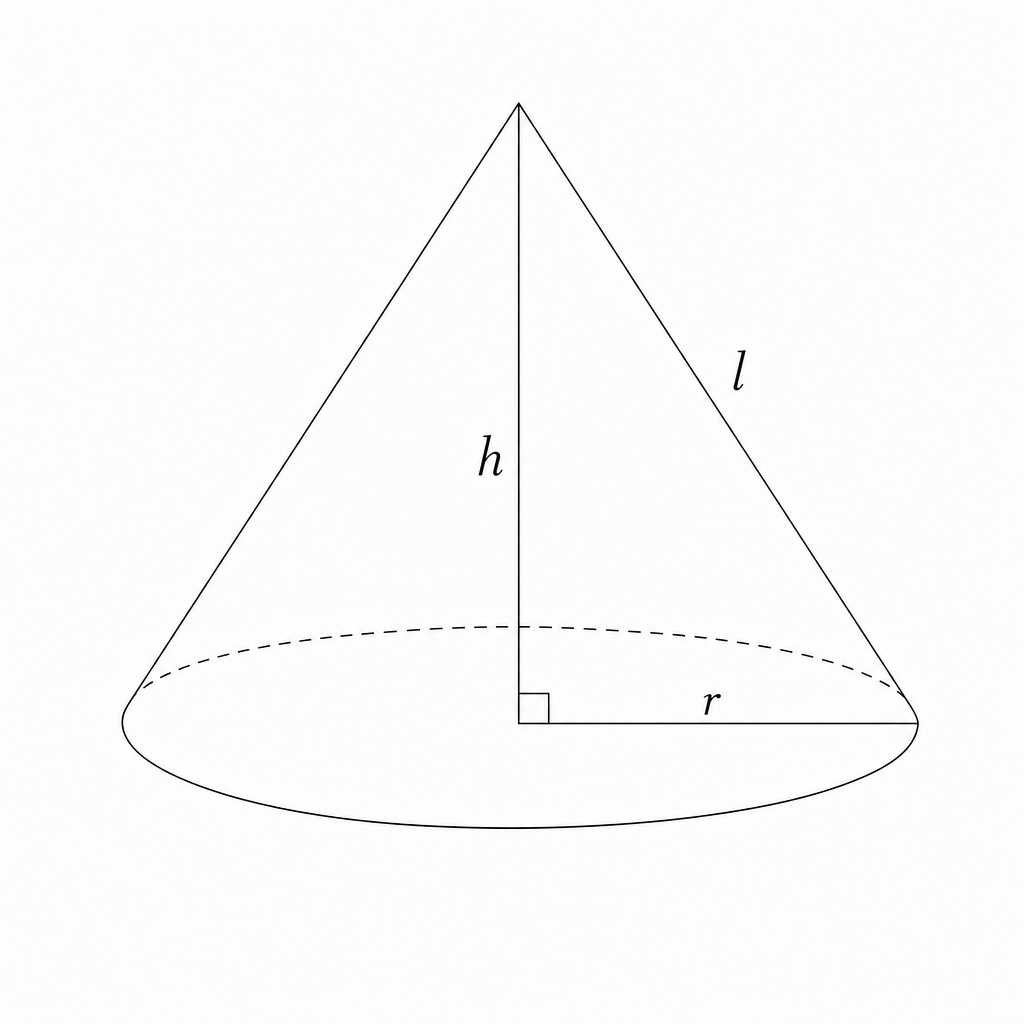Diagram of a cone showing slant height l, height h, and radius r.