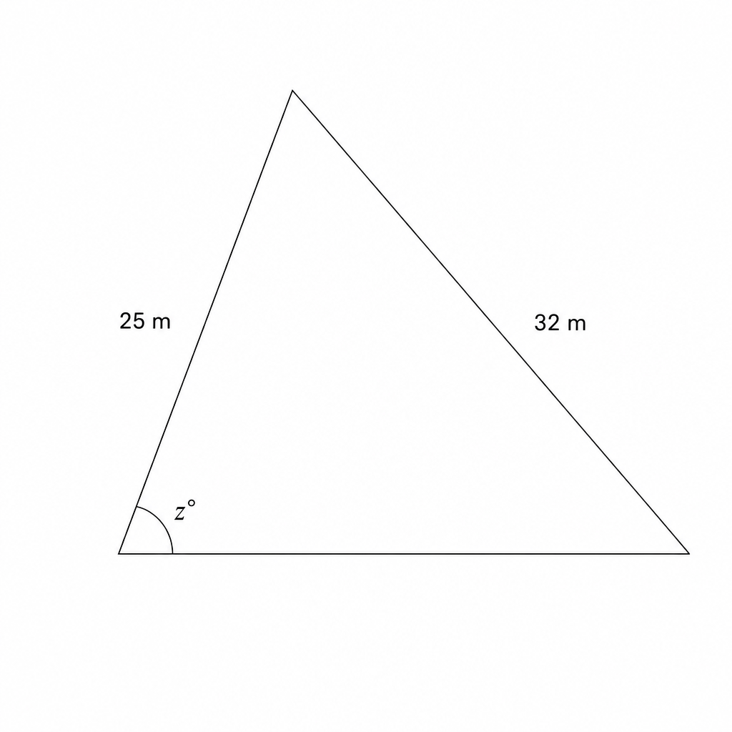 A triangular plot of land with boundaries 25 m and 32 m, and an angle of z degrees between them.