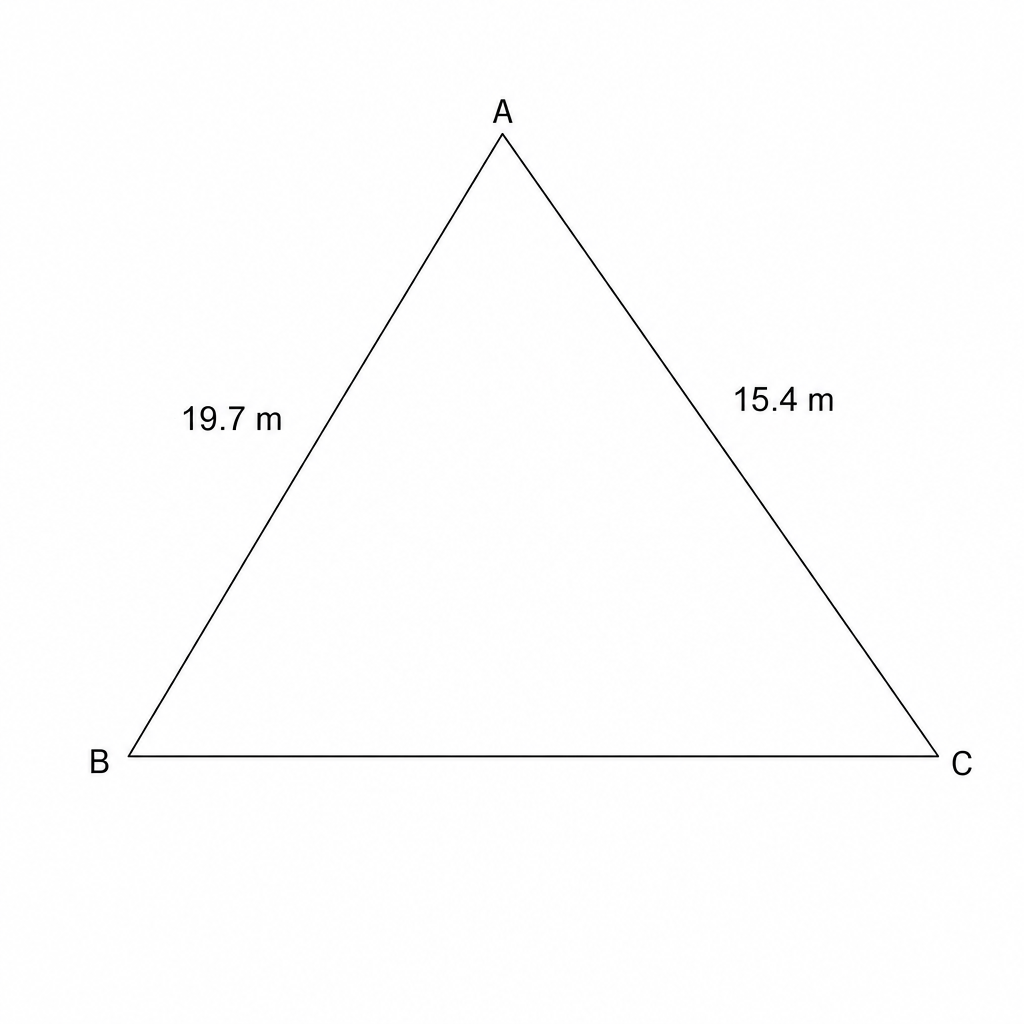 A triangle ABC with side AB = 19.7 m and side AC = 15.4 m.