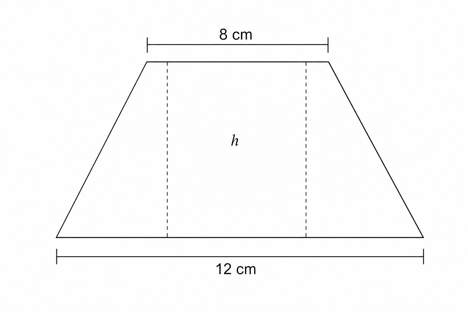 Diagram of a trapezium with parallel sides of 8 cm and 12 cm, and a perpendicular height h.