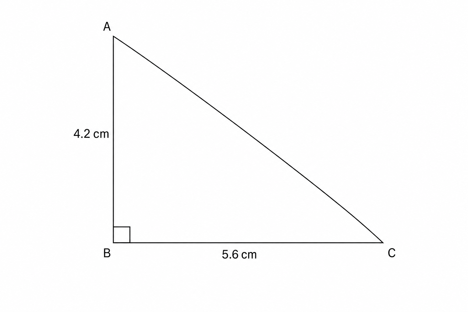 Right-angled triangle ABC with right angle at B. Side AB = 4.2 cm, side BC = 5.6 cm.