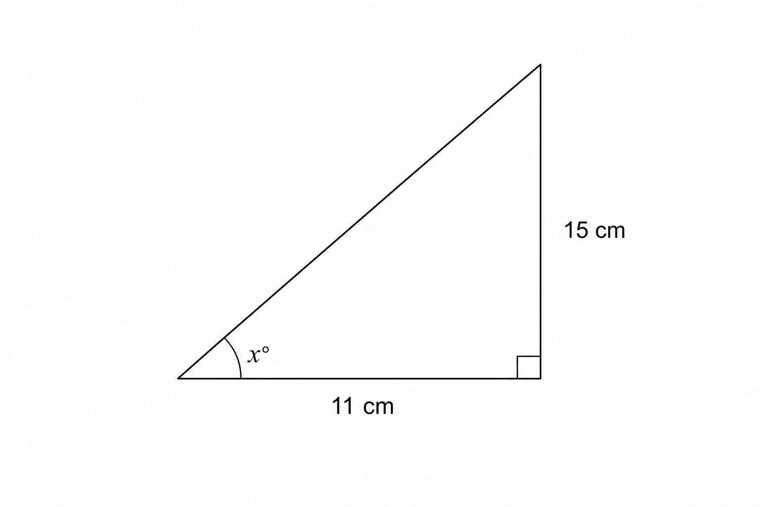 Right-angled triangle with adjacent side 11 cm, opposite side 15 cm, and angle x degrees.