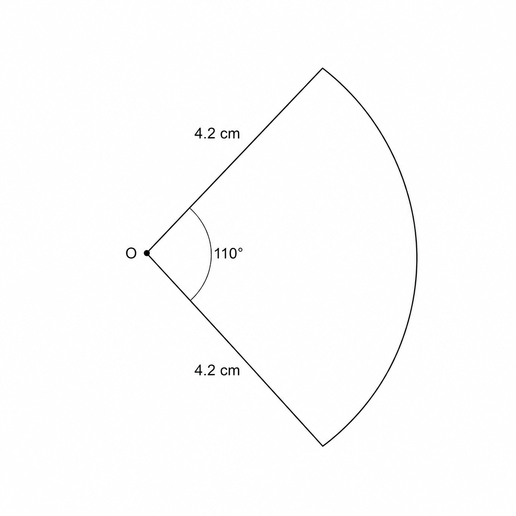 Diagram of a sector with centre O, radius 4.2 cm, and central angle 110 degrees.