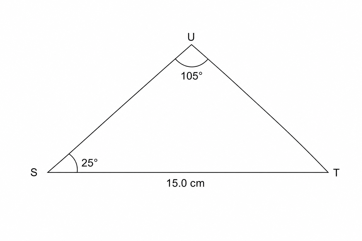 A triangle with vertices S, T, and U. Side ST is 15.0 cm. Angle S is 25 degrees and angle U is 105 degrees.