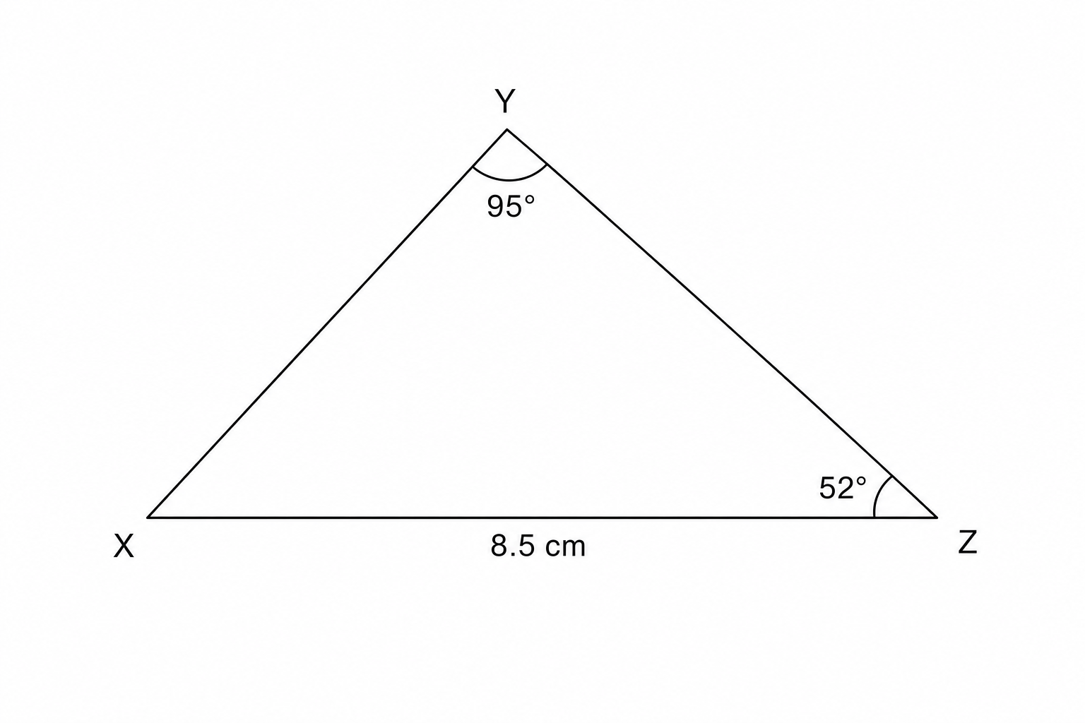 A triangle XYZ where side XZ is 8.5 cm, angle Y is 95 degrees, and angle Z is 52 degrees.