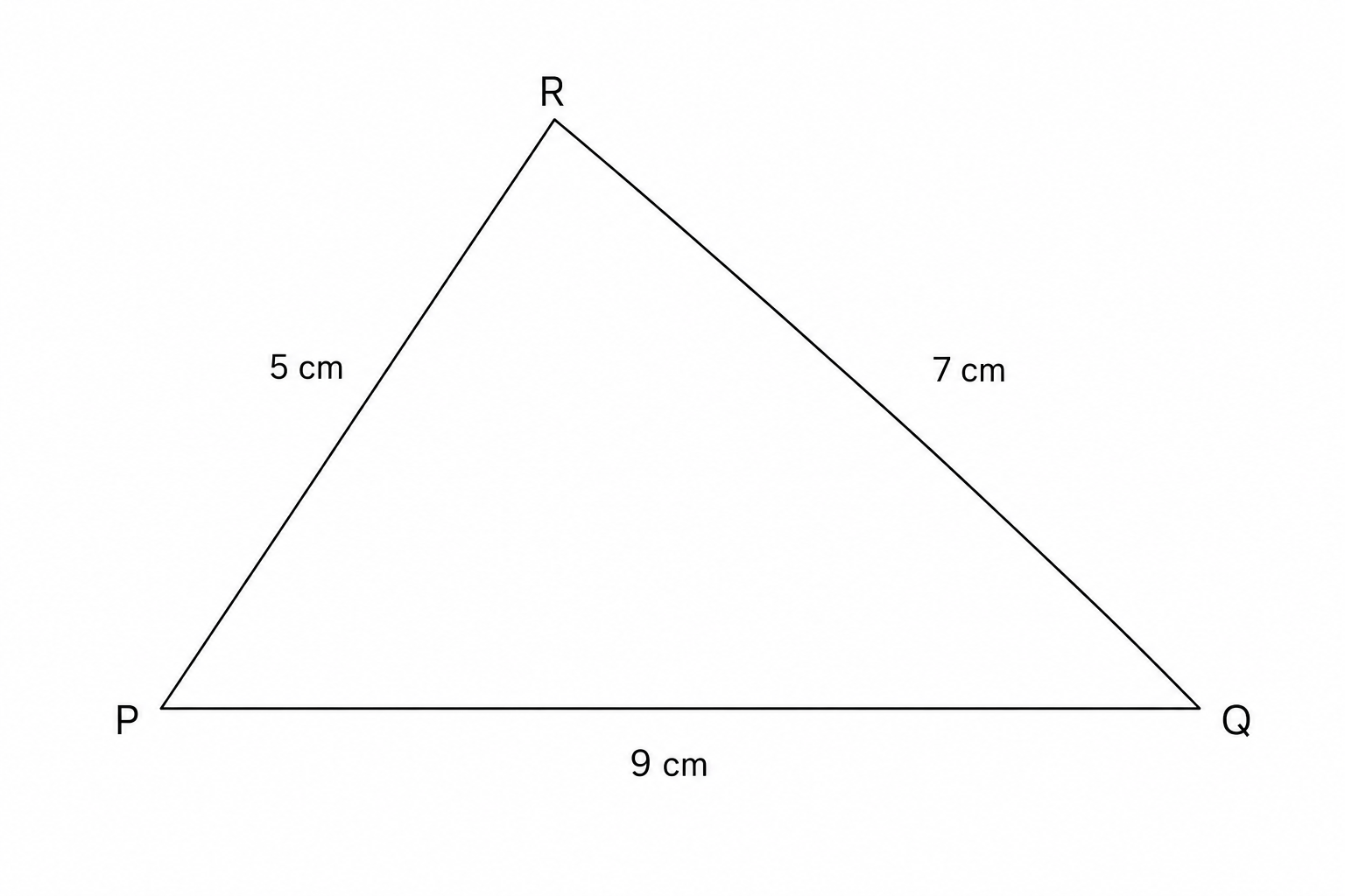 A diagram of triangle PQR. Vertex P is at the bottom left, vertex Q is at the bottom right, and vertex R is at the top. The side PQ is labeled 9 cm, side QR is labeled 7 cm, and side PR is labeled 5 cm.