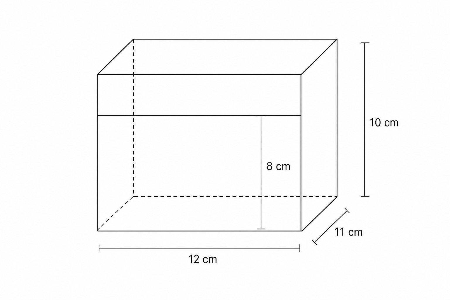 Diagram of a rectangular container with dimensions 12 cm (length), 11 cm (width), and 10 cm (height).