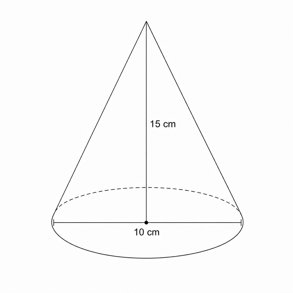 Diagram of a cone with height 15 cm and base diameter 10 cm.