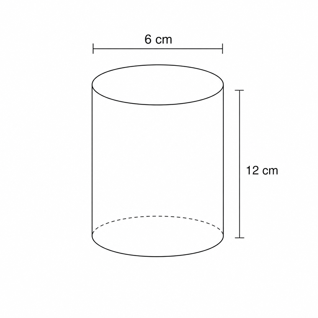 Diagram of a solid cylinder with diameter 6 cm and height 12 cm.