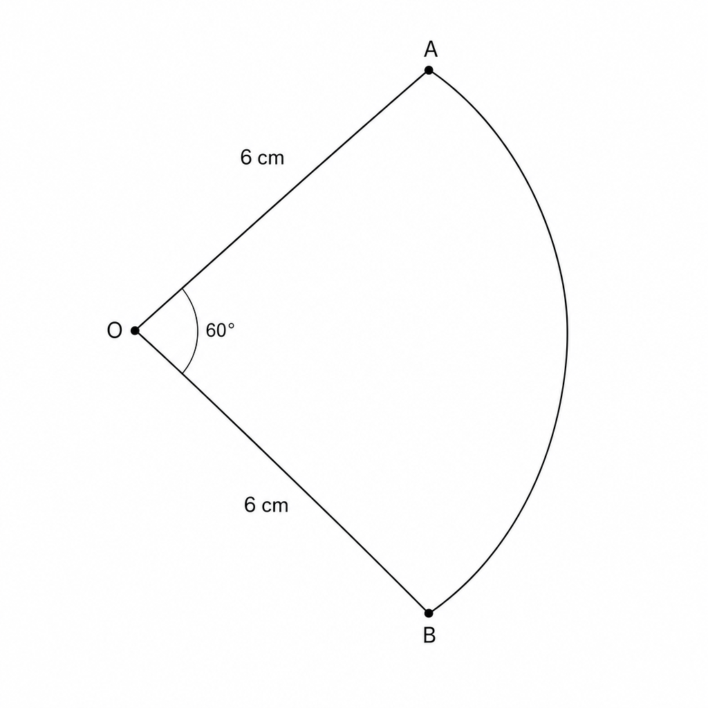 Diagram of a sector AOB with center O, radii 6 cm, and central angle 60 degrees.