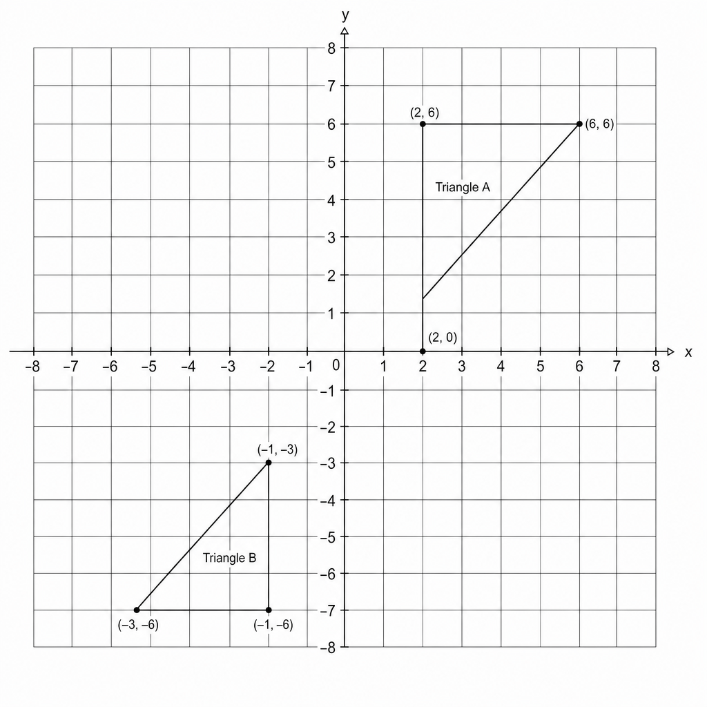 A coordinate plane with x and y axes ranging from -8 to 8. Triangle A is a right-angled triangle with vertices at (2, 0), (6, 6), and (2, 6). Triangle B is a right-angled triangle with vertices at (-3, -6), (-1, -6), and (-1, -3).