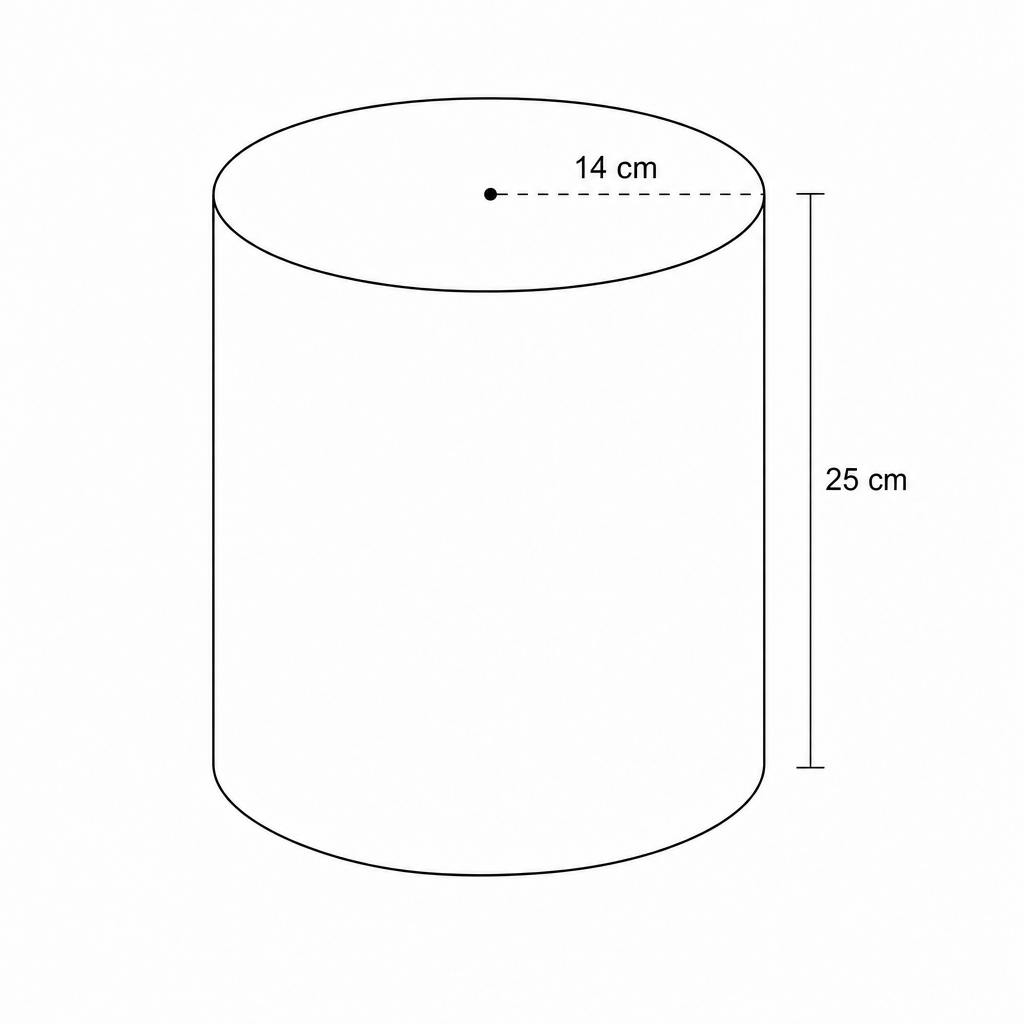 Diagram of a solid cylinder with radius 14 cm and height 25 cm.
