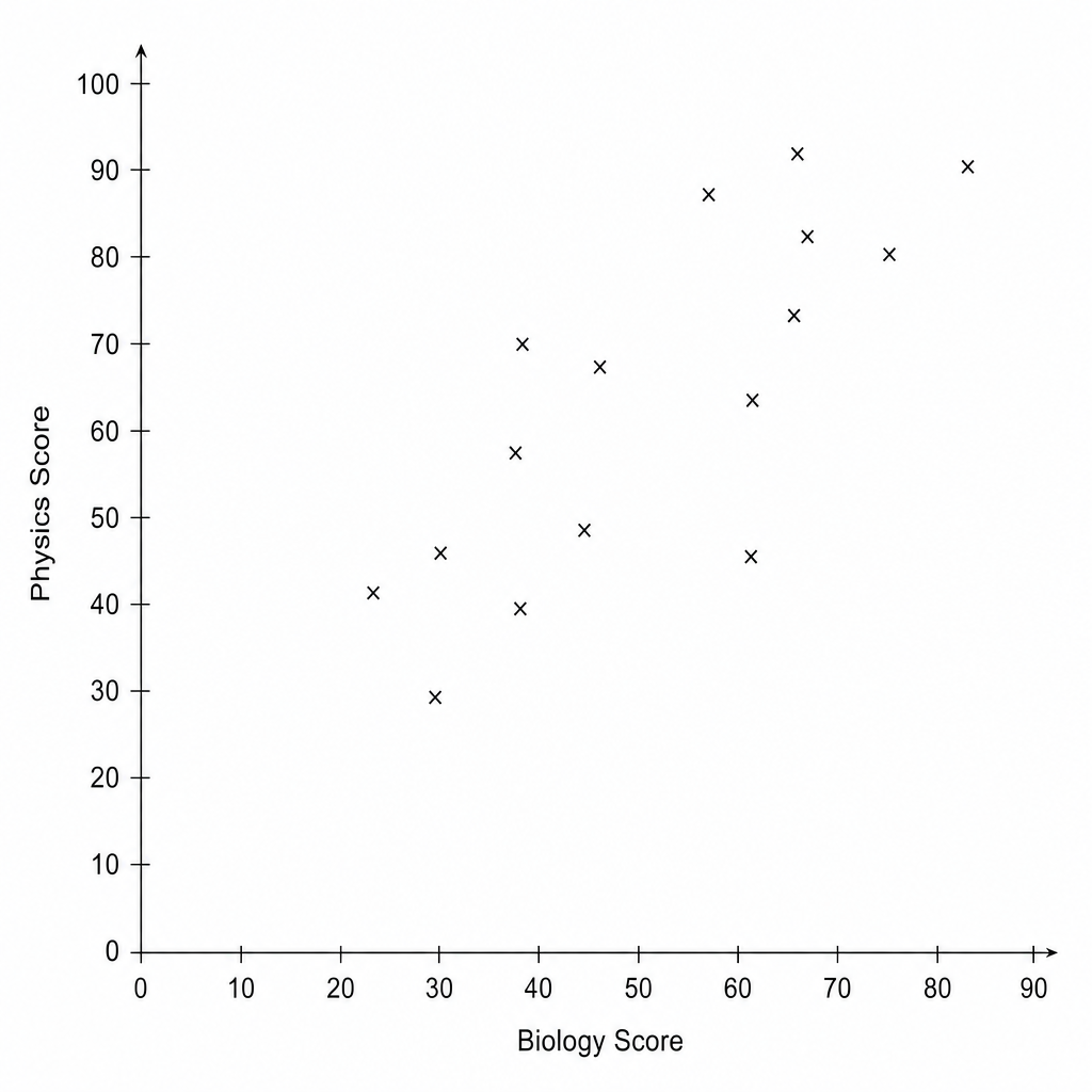 Scatter graph showing Biology Score (x-axis) and Physics Score (y-axis) for 16 students.