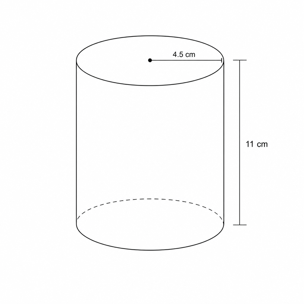 Diagram of a solid cylinder with radius 4.5 cm and height 11 cm.
