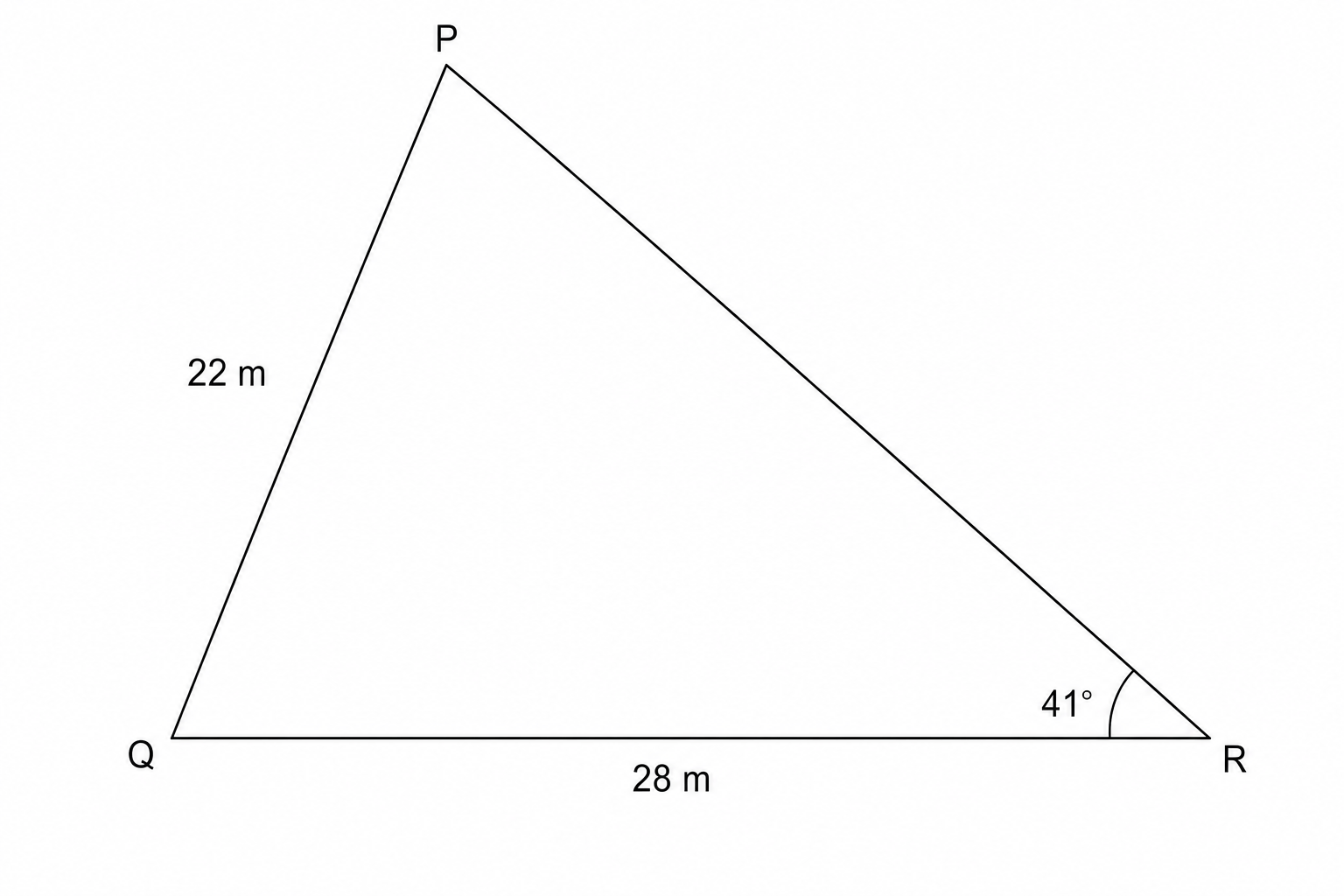 Triangle PQR with side PQ = 22 m, side QR = 28 m, and angle R = 41 degrees.
