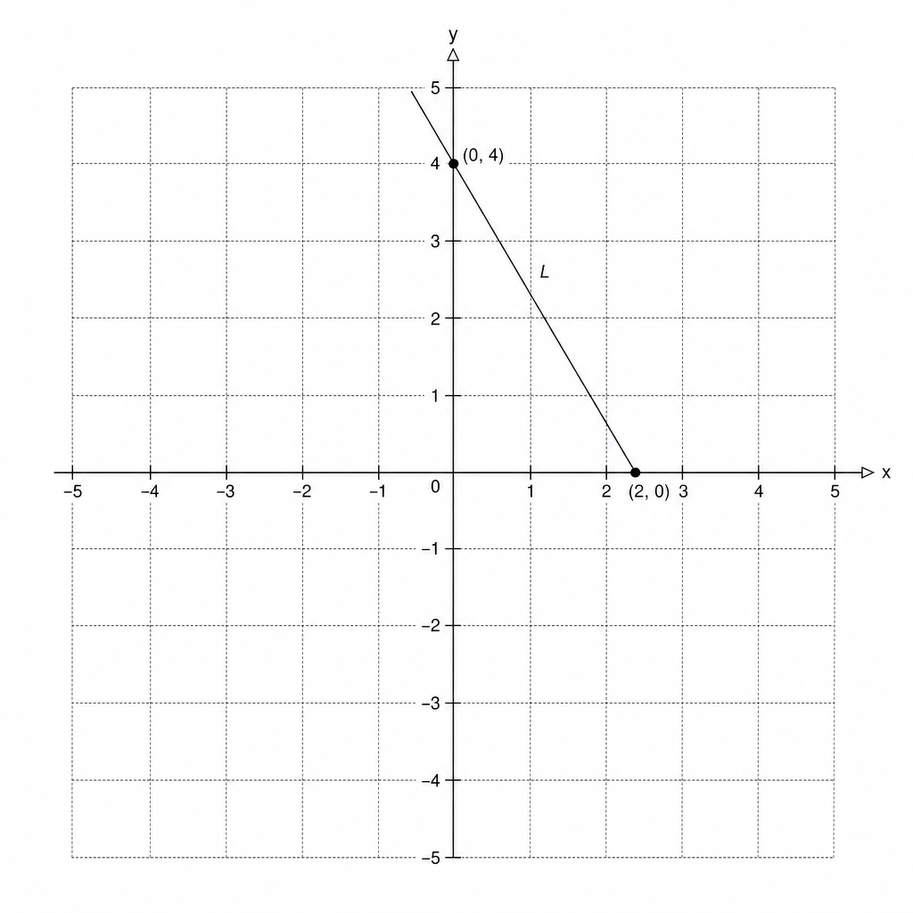 A coordinate grid with x and y axes ranging from -5 to 5. A line L is drawn passing through the points (0, 4) and (2, 0).
