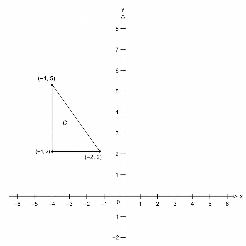 A coordinate grid with x-axis from -6 to 6 and y-axis from -2 to 8. A right-angled triangle labeled 'C' has vertices at (-4, 2), (-4, 5), and (-2, 2).