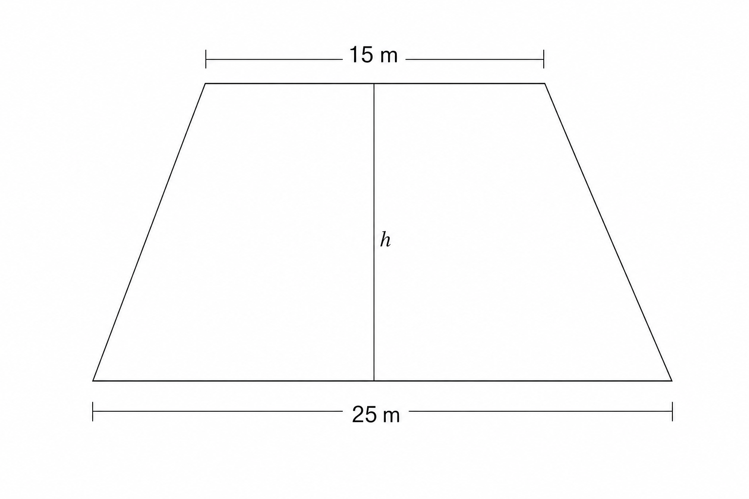 Diagram of a trapezium with parallel sides of 15 m and 25 m, and a perpendicular height h.