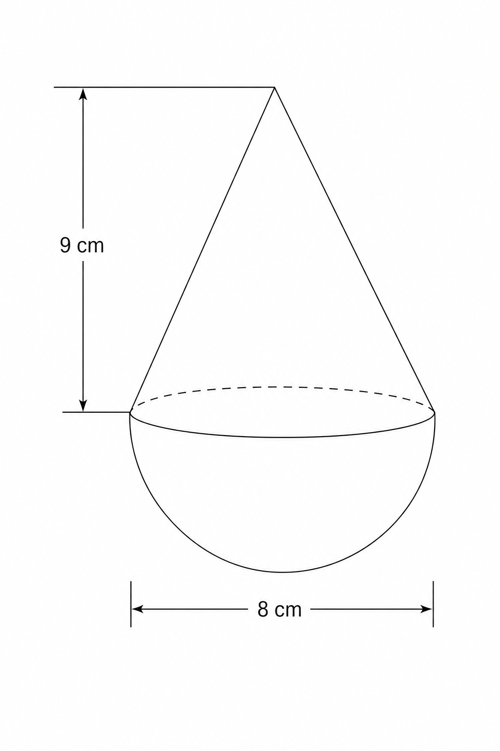 Diagram of a solid shape consisting of a cone on top of a hemisphere.