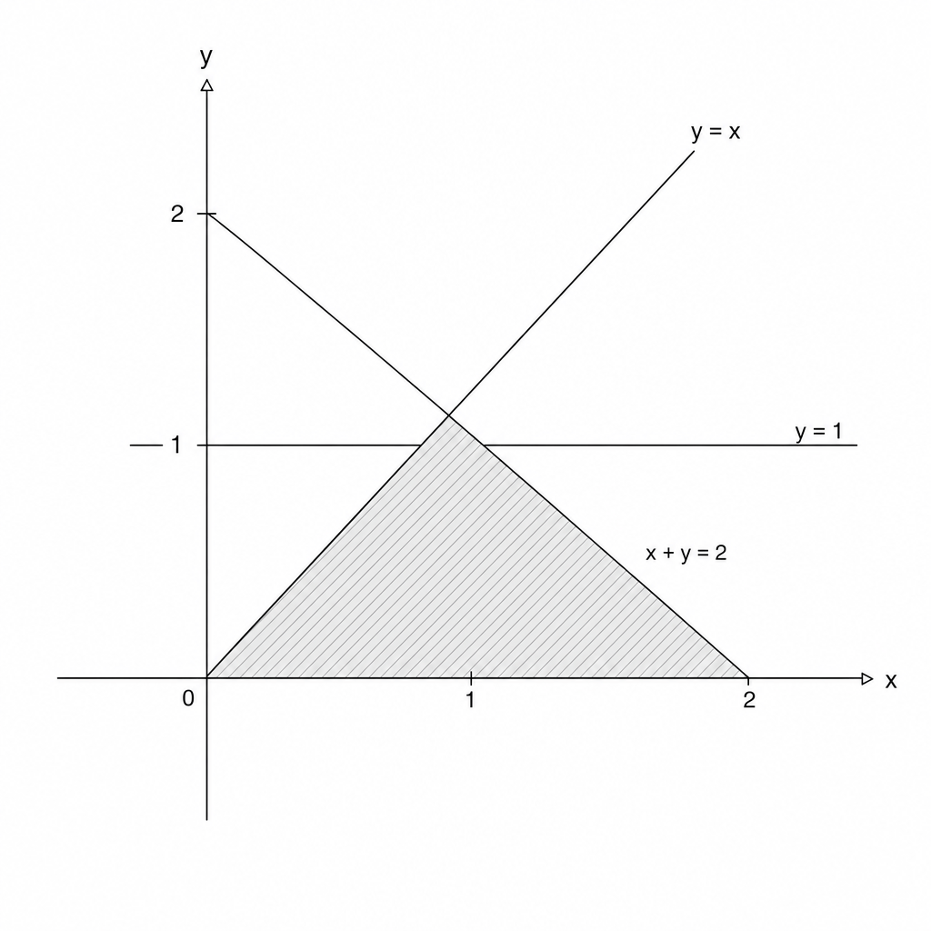 Coordinate plane with a shaded region bounded by a horizontal line at y = 1, a line with a positive gradient through the origin, and a line with a negative gradient.