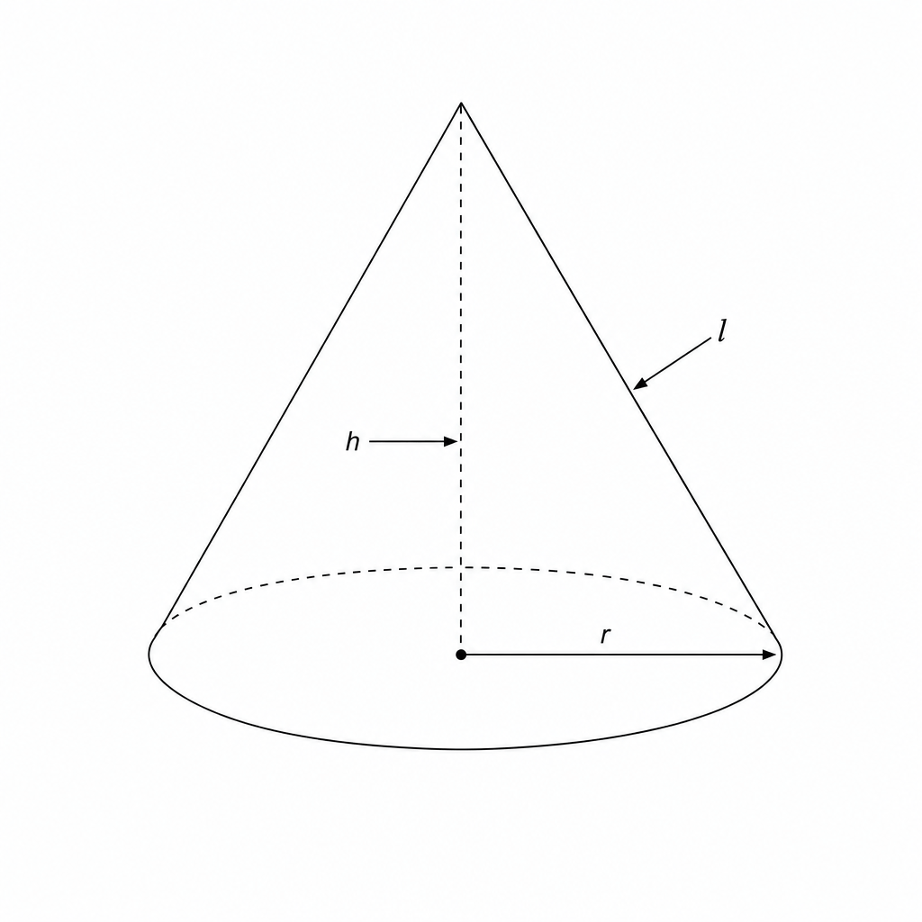 Diagram of a cone showing slant height l, height h, and radius r.