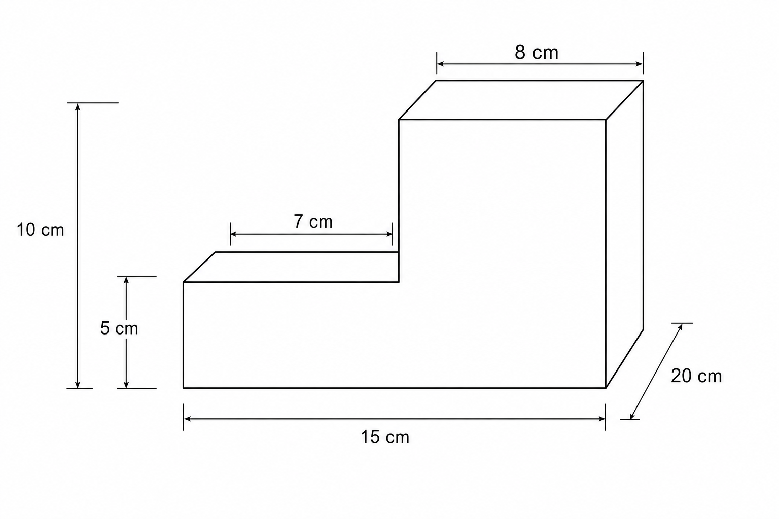 An L-shaped prism. The cross-section has a total length of 15 cm and a maximum height of 10 cm. The first step level is at a height of 5 cm and has a length of 7 cm. The back step level is at height 10 cm and has a length of 8 cm. The width (depth) of the step is 20 cm.