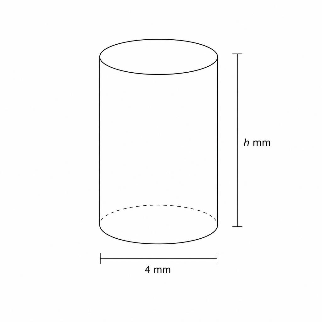 Diagram of a solid cylinder with radius 4 mm and height h mm.