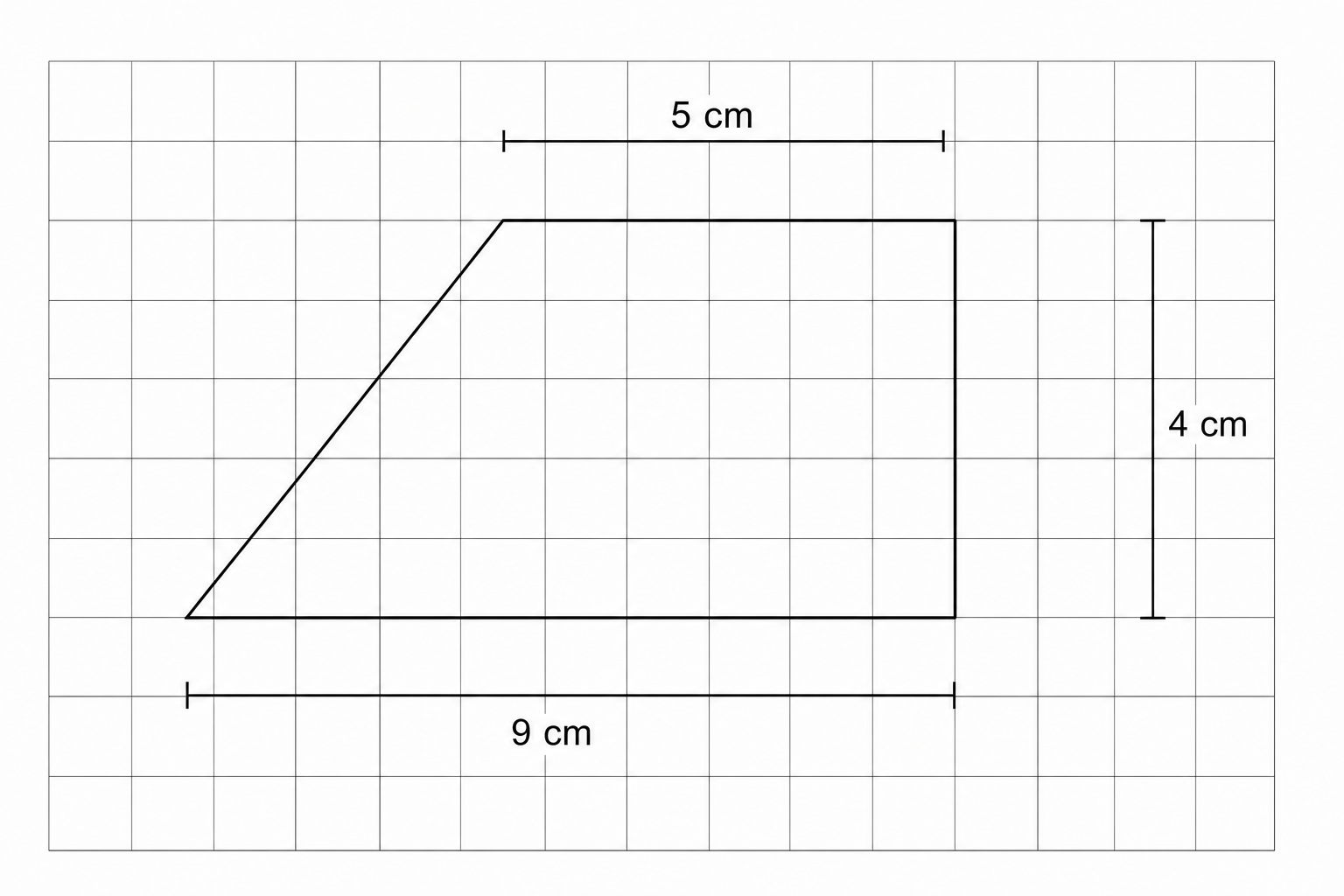 A trapezium on a centimetre grid with parallel sides of length 5 cm and 9 cm, and a perpendicular height of 4 cm.
