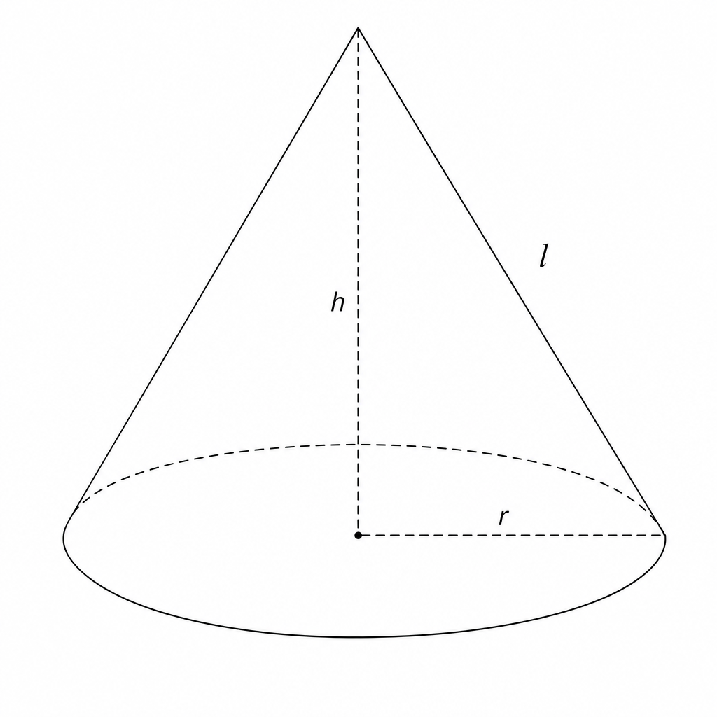 Diagram of a cone showing radius r, height h, and slant height l.