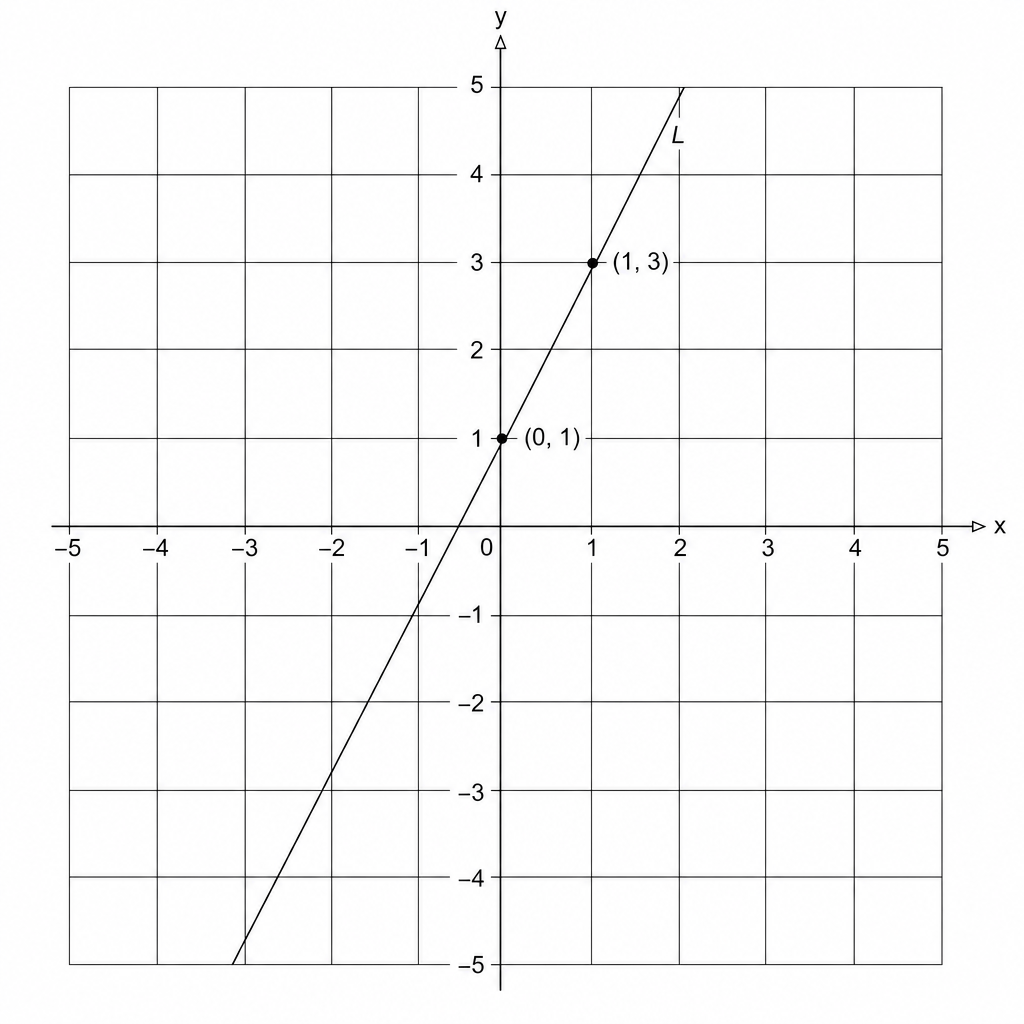 A coordinate grid with x and y axes ranging from -5 to 5. A line L is drawn passing through the points (0, 1) and (1, 3).