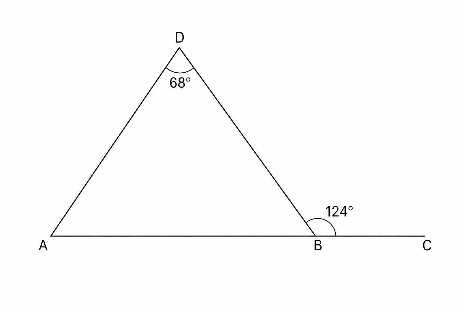 Triangle ABD with exterior angle 124 at B and angle 68 at D.