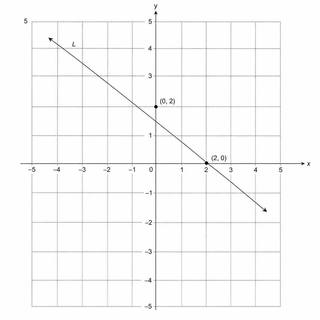 A coordinate grid with x and y axes ranging from -5 to 5. A line L is drawn passing through the points (0, 2) and (2, 0).