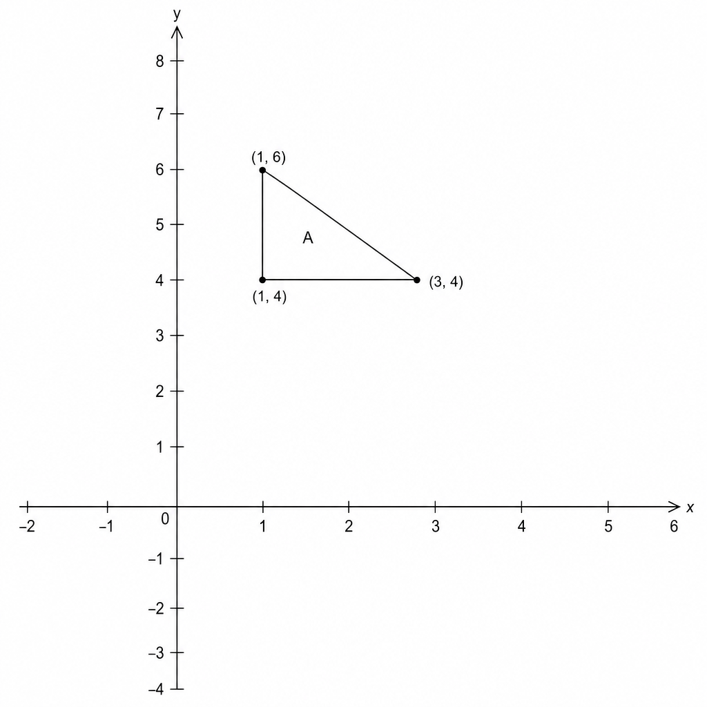 A coordinate grid with x-axis from -2 to 6 and y-axis from -4 to 8. A right-angled triangle labeled 'A' has vertices at (1, 4), (3, 4), and (1, 6).