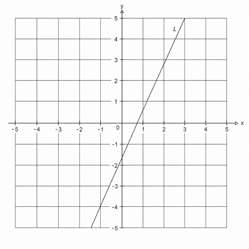 A coordinate grid with x and y axes ranging from -5 to 5. A line L is drawn passing through the points (0, -2) and (1, 1).