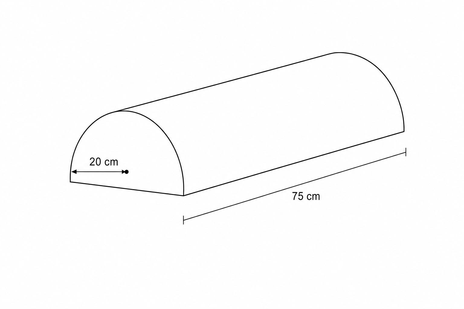 Diagram of a semi-cylinder with radius 20 cm and length 75 cm.