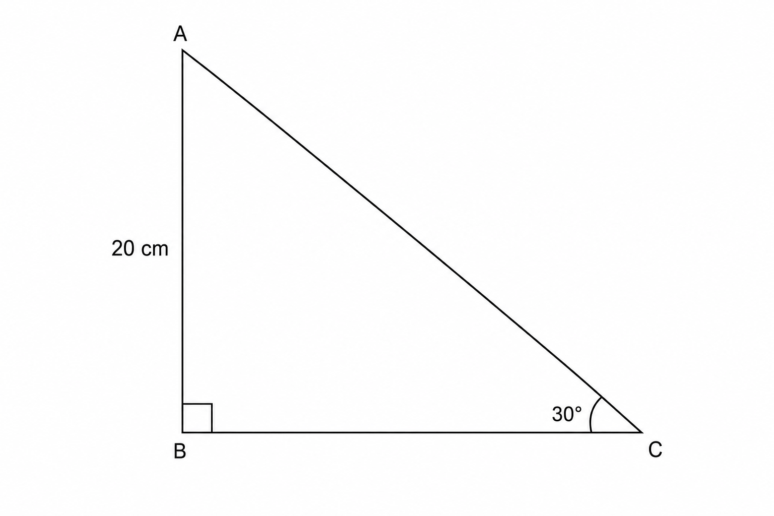 Right-angled triangle ABC with right angle at B, angle C = 30 degrees, and side AB = 20 cm.