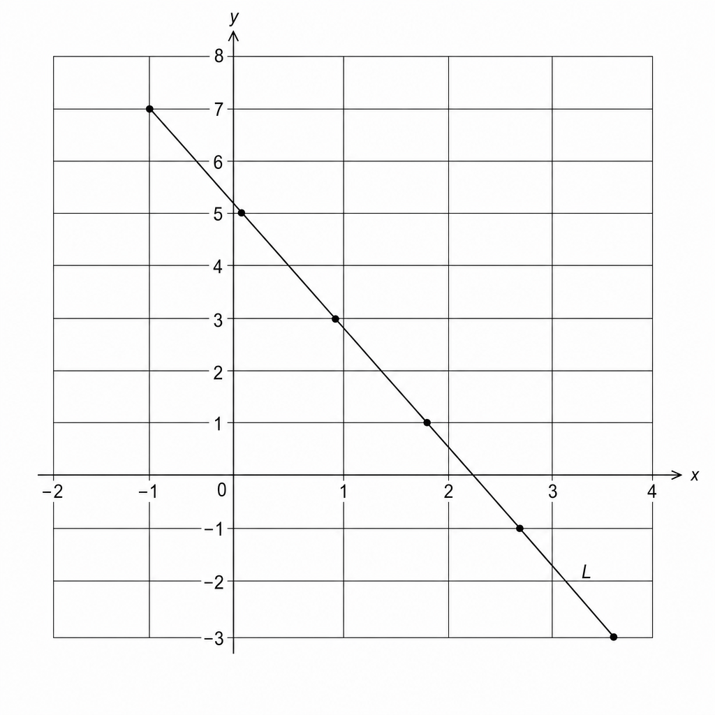 A Cartesian coordinate system showing a straight line L. The x-axis ranges from -2 to 4, and the y-axis ranges from -3 to 8. Line L passes through the points (-1, 7), (0, 5), (1, 3), (2, 1), (3, -1), and (4, -3).