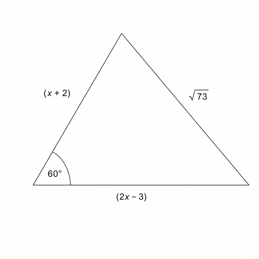 A triangle with side lengths (x+2), sqrt(73), and (2x-3). The angle between the sides (x+2) and (2x-3) is 60 degrees.